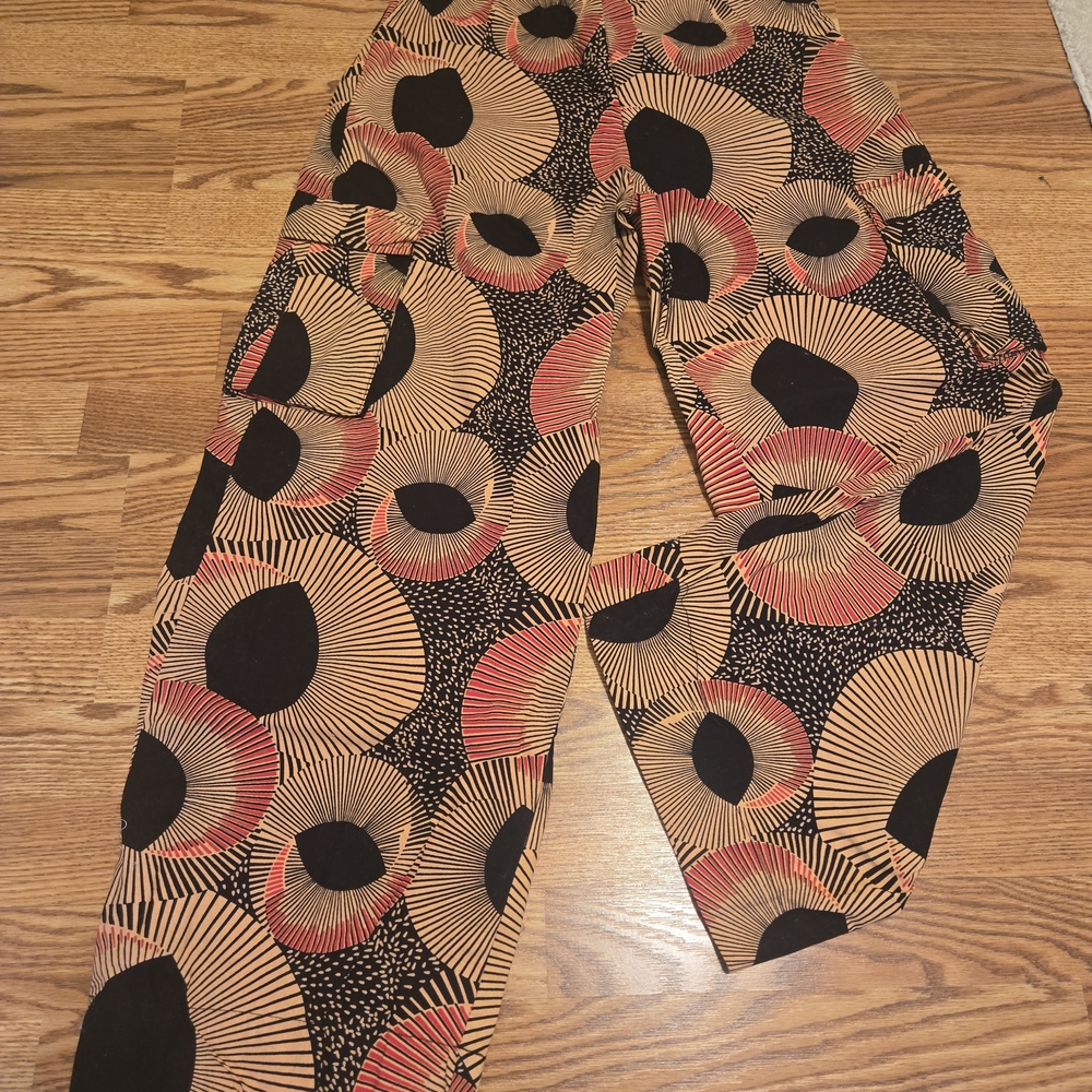 NWOT Vivo Black,Orange and Tan 100% Cotton Wide Leg Ankara Cargo Pants Size XS/S